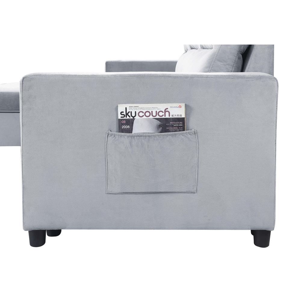 Ruby Light Gray Velvet Reversible Sleeper Sectional Sofa with Storage Chaise and Side Pocket
