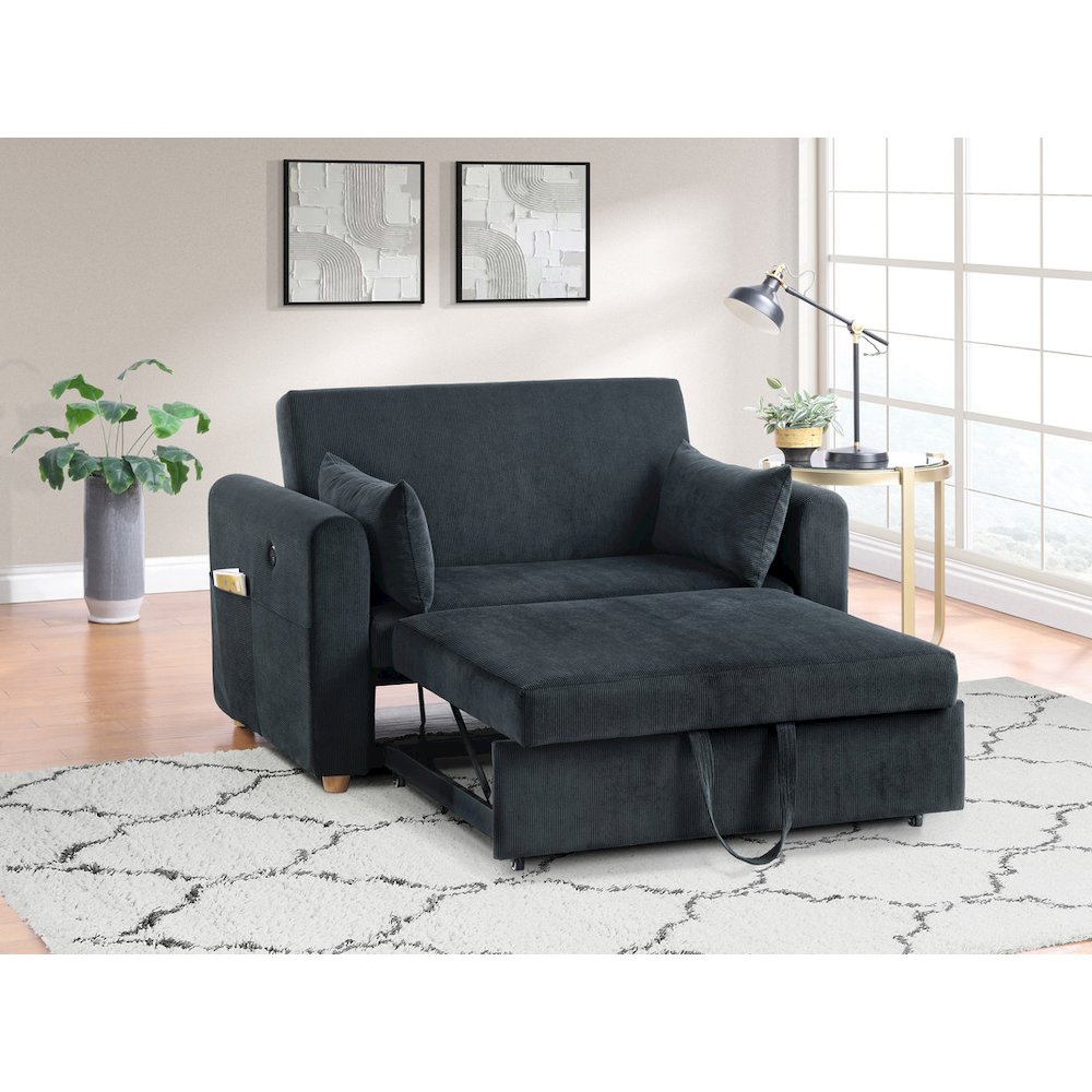 55″W Black Corduroy Convertible Sleeper Loveseat with USB Ports