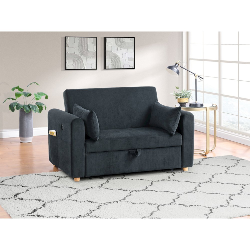 55″W Black Corduroy Convertible Sleeper Loveseat with USB Ports