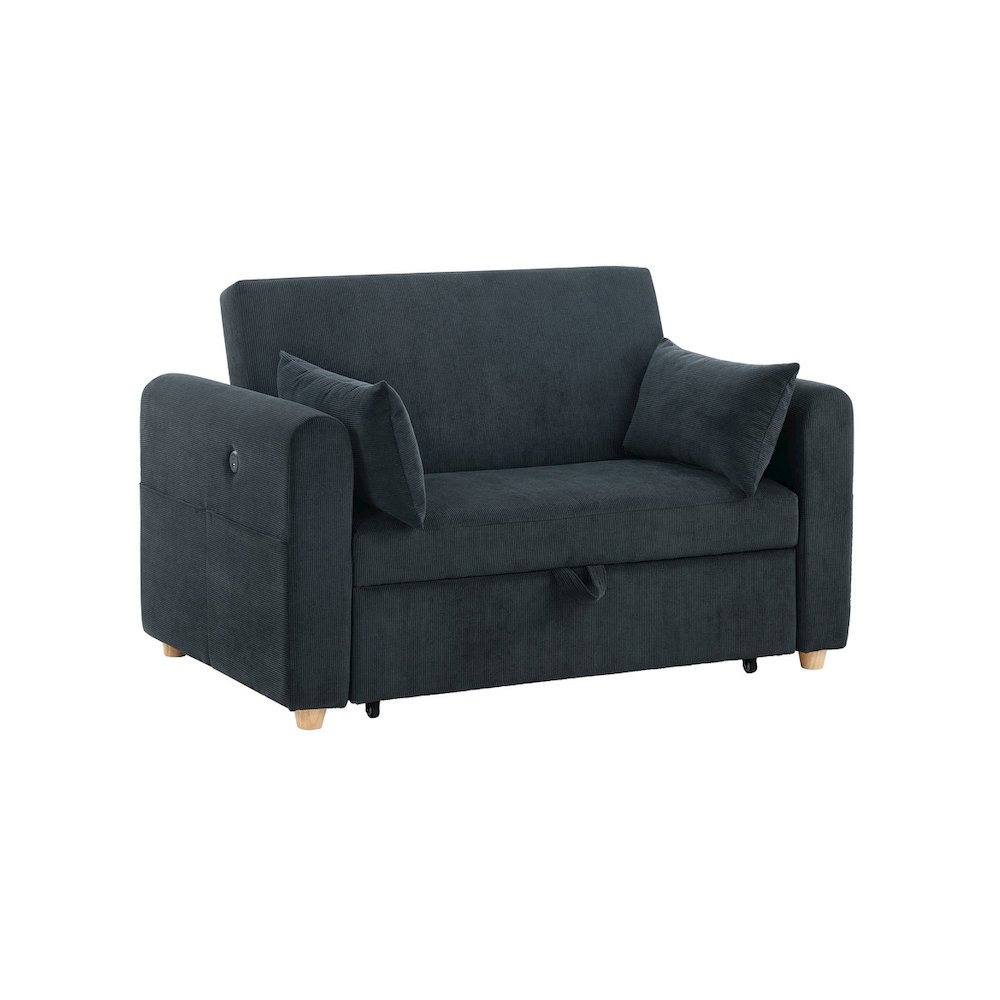 55″W Black Corduroy Convertible Sleeper Loveseat with USB Ports