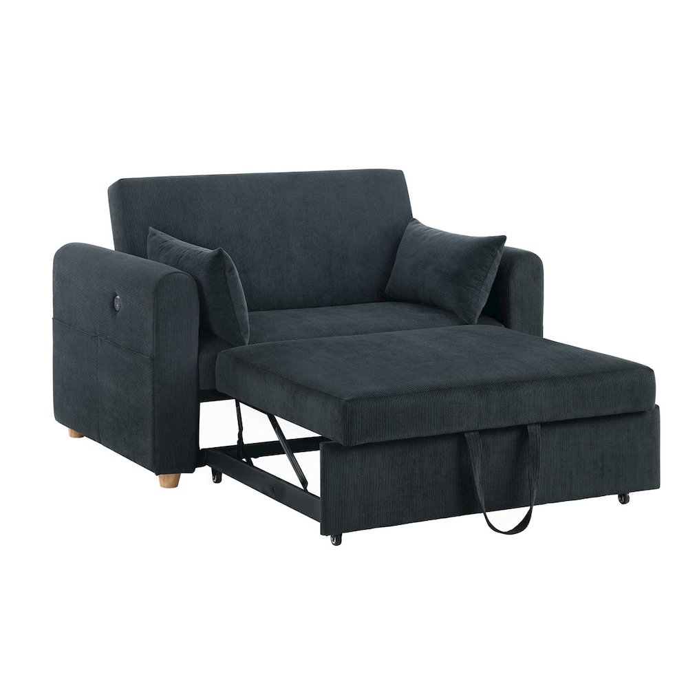 55″W Black Corduroy Convertible Sleeper Loveseat with USB Ports