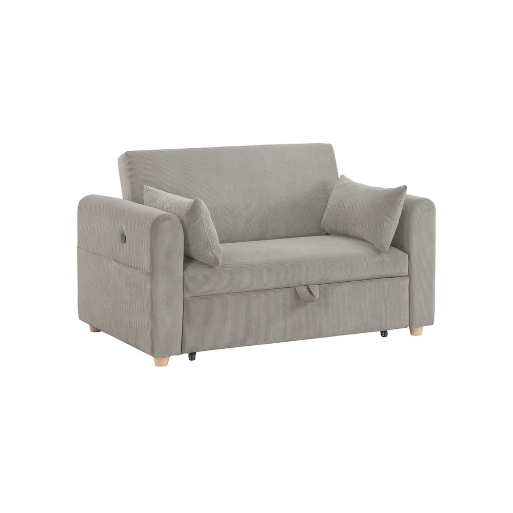 55″W Gray Corduroy Convertible Sleeper Loveseat with USB Ports