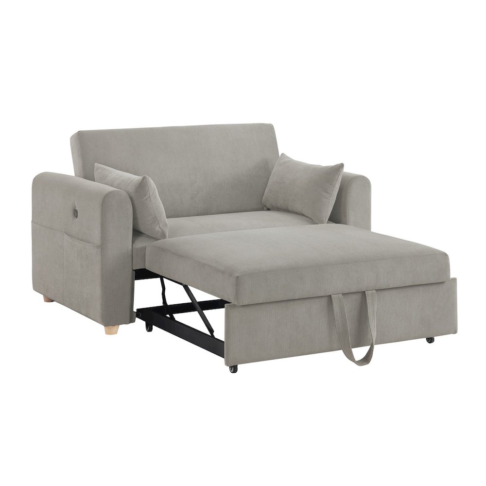 55″W Gray Corduroy Convertible Sleeper Loveseat with USB Ports