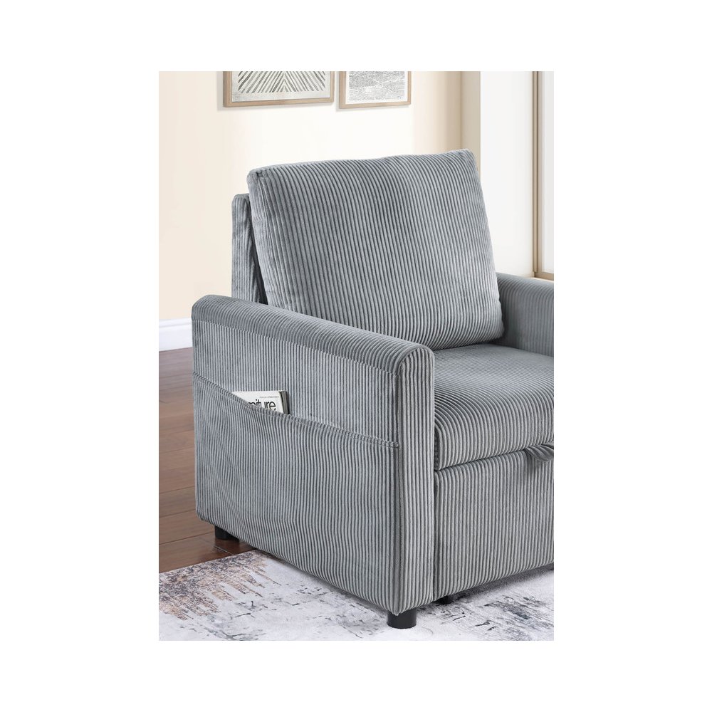 Oswin 33″W Gray Corduroy Armchair with Pull-Out Chaise and Side Pocket
