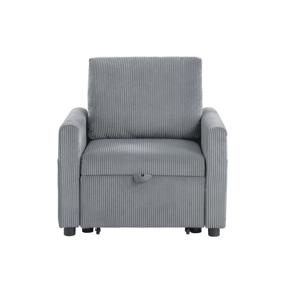 Oswin 33″W Gray Corduroy Armchair with Pull-Out Chaise and Side Pocket