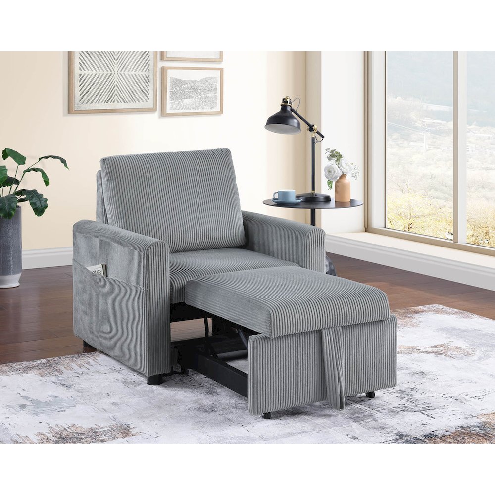 Oswin 33″W Gray Corduroy Armchair with Pull-Out Chaise and Side Pocket