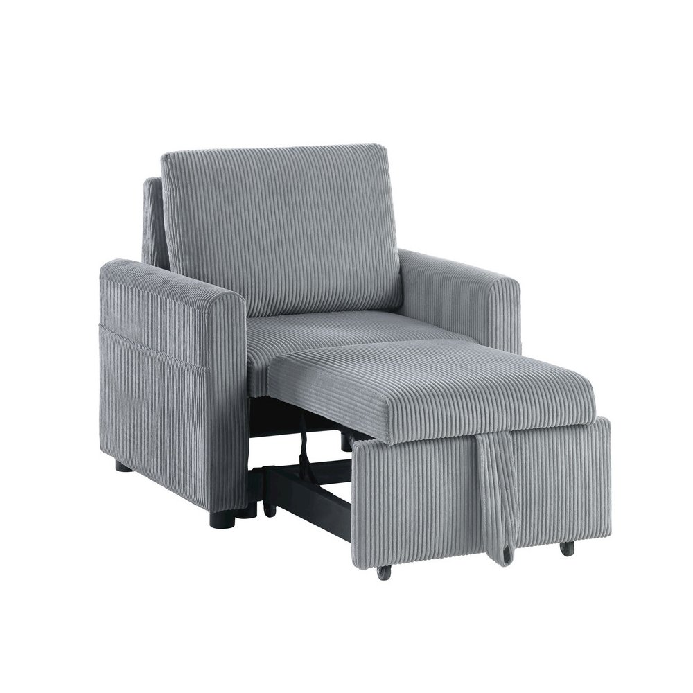 Oswin 33″W Gray Corduroy Armchair with Pull-Out Chaise and Side Pocket