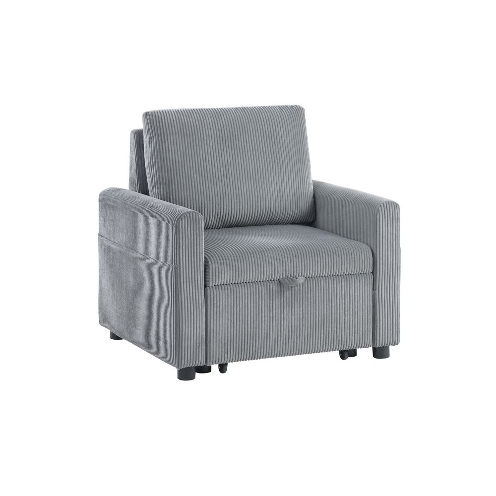 Oswin 33″W Gray Corduroy Armchair with Pull-Out Chaise and Side Pocket