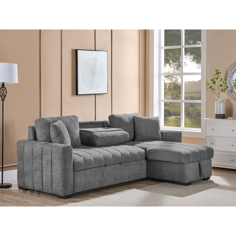 96″ Gray Boucle Fabric Reversible Sleeper Sectional Sofa with Storage Chaise