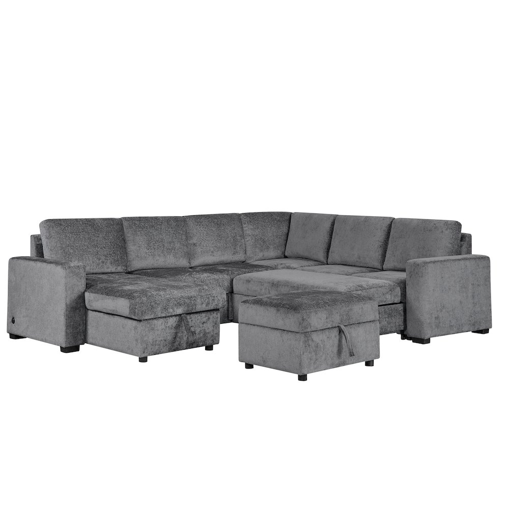 122″ Gray Chenille Reversible Modular Sleeper Sectional Sofa