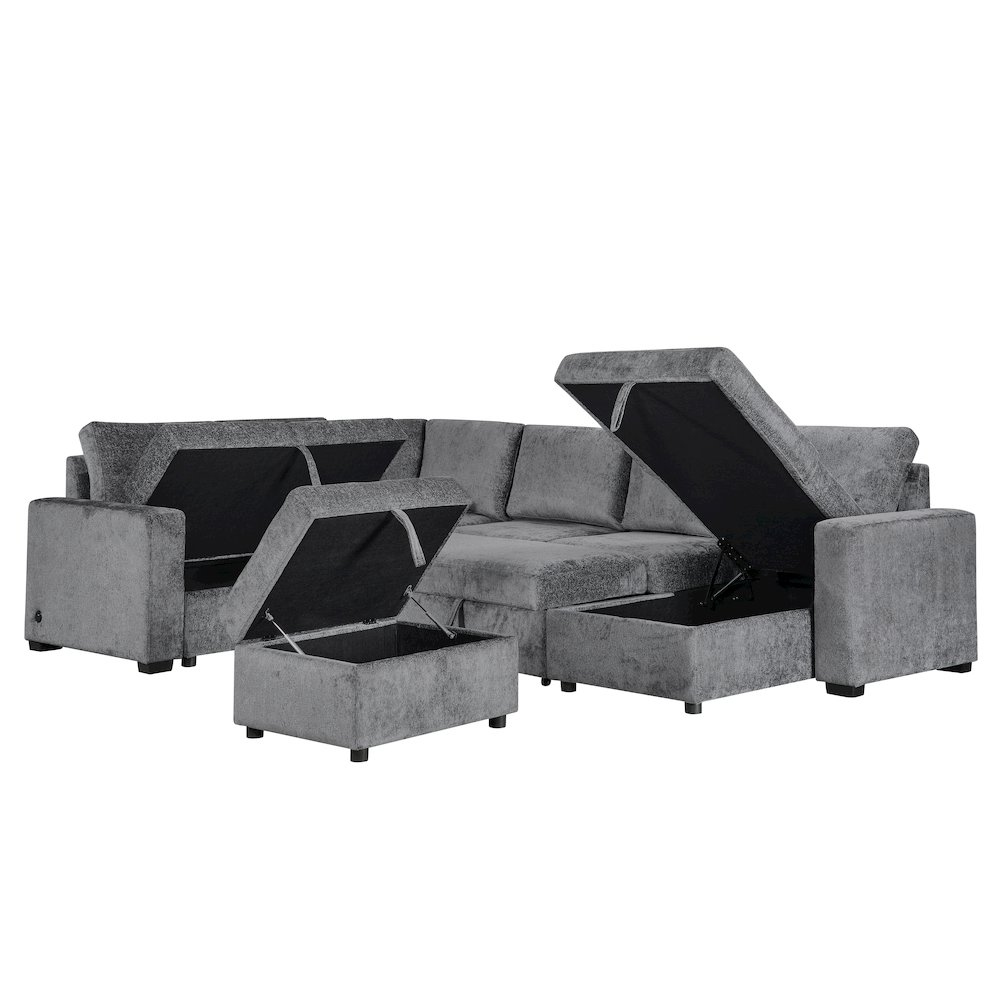 122″ Gray Chenille Reversible Modular Sleeper Sectional Sofa