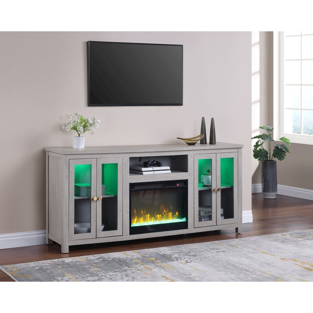 70″W White Walnut Finish Fireplace TV Stand Console with LED Light