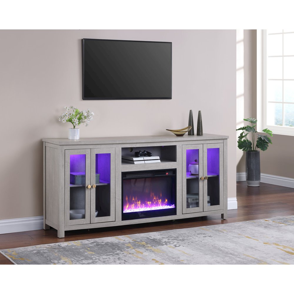 70″W White Walnut Finish Fireplace TV Stand Console with LED Light