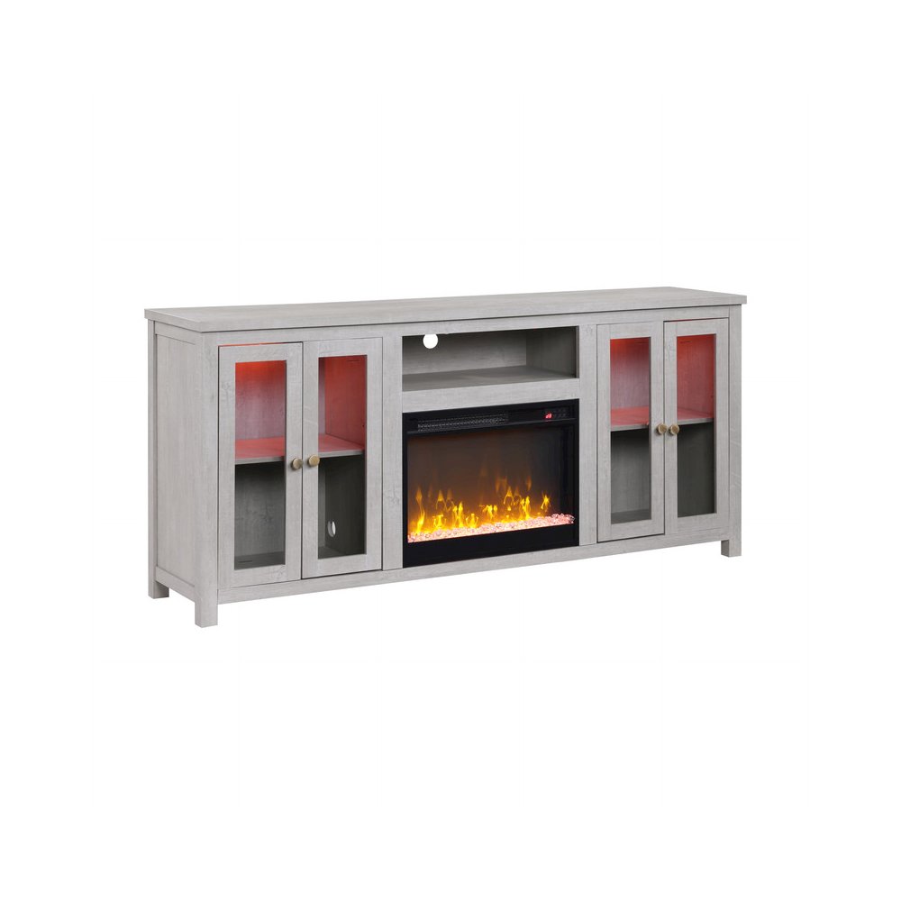 70″W White Walnut Finish Fireplace TV Stand Console with LED Light