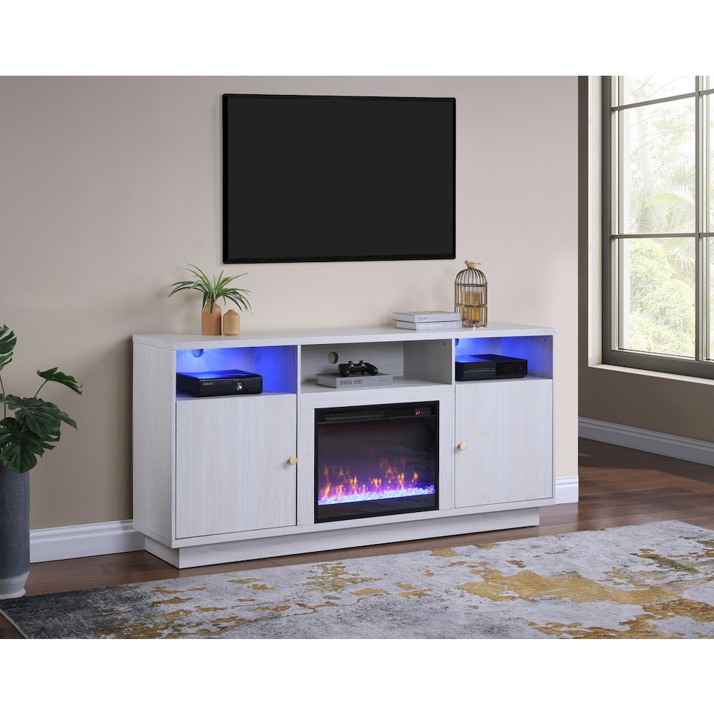 70″W White Walnut Finish Fireplace Console TV Stand with LED Light