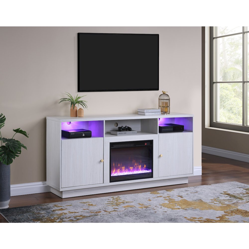 70″W White Walnut Finish Fireplace Console TV Stand with LED Light