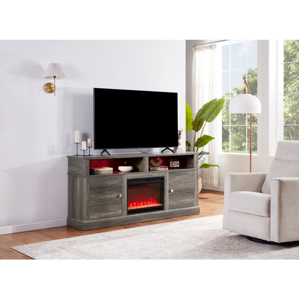 Lucifer 70″W Gray Walnut Finish TV Stand Console with Fireplace and Heater
