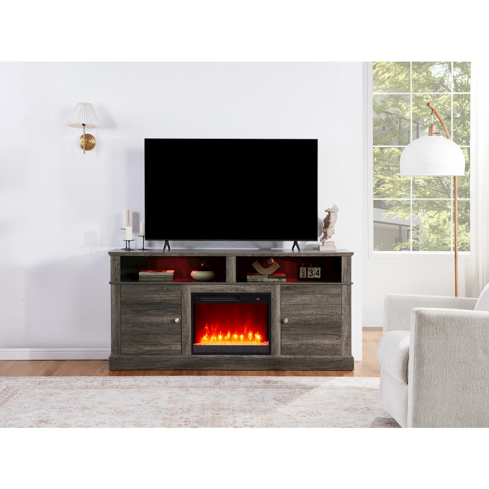 Lucifer 70″W Gray Walnut Finish TV Stand Console with Fireplace and Heater