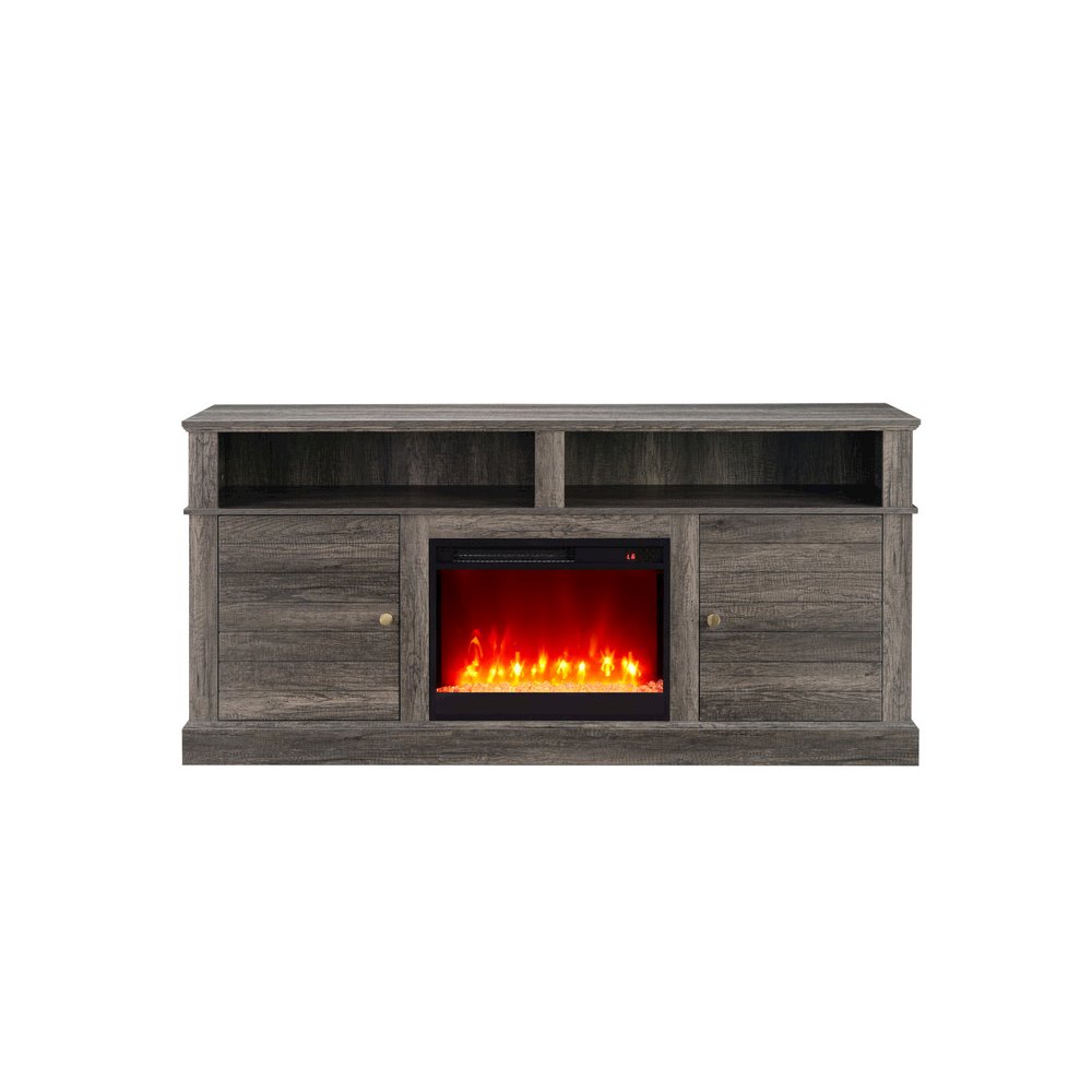 Lucifer 70″W Gray Walnut Finish TV Stand Console with Fireplace and Heater