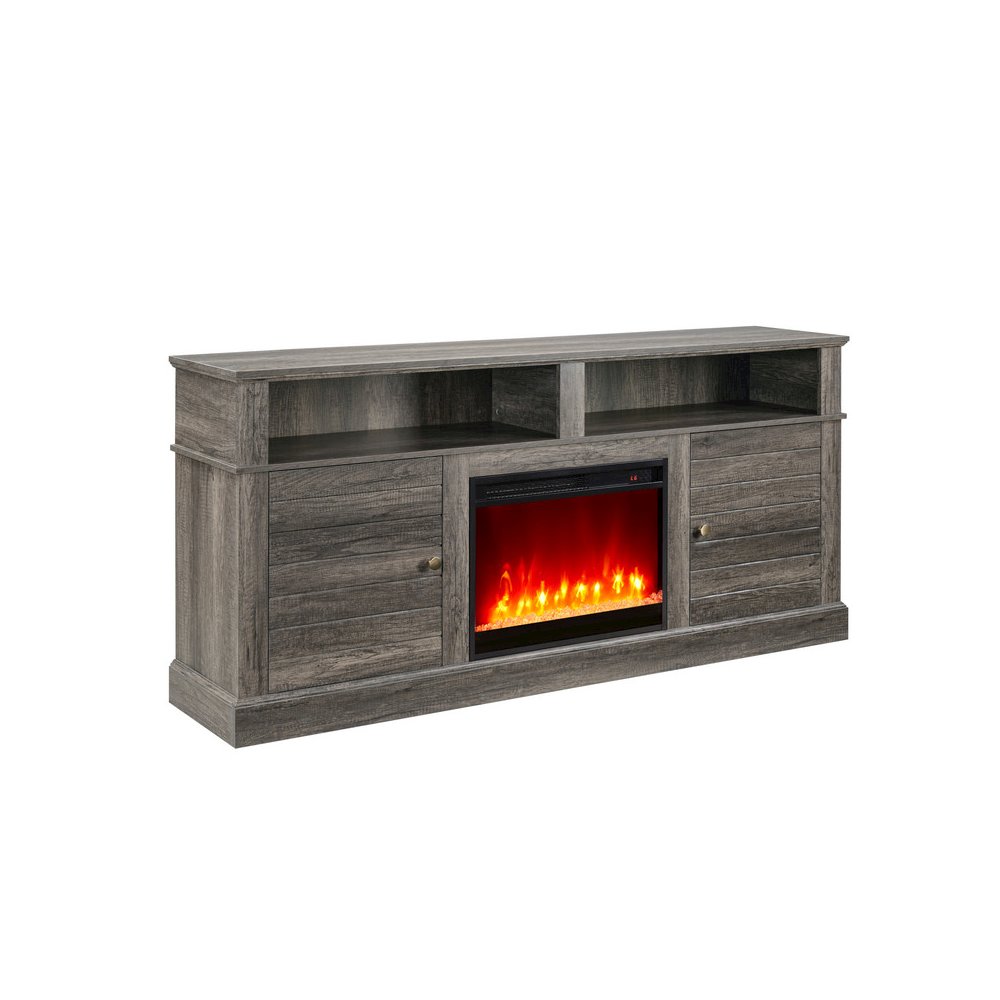 Lucifer 70″W Gray Walnut Finish TV Stand Console with Fireplace and Heater