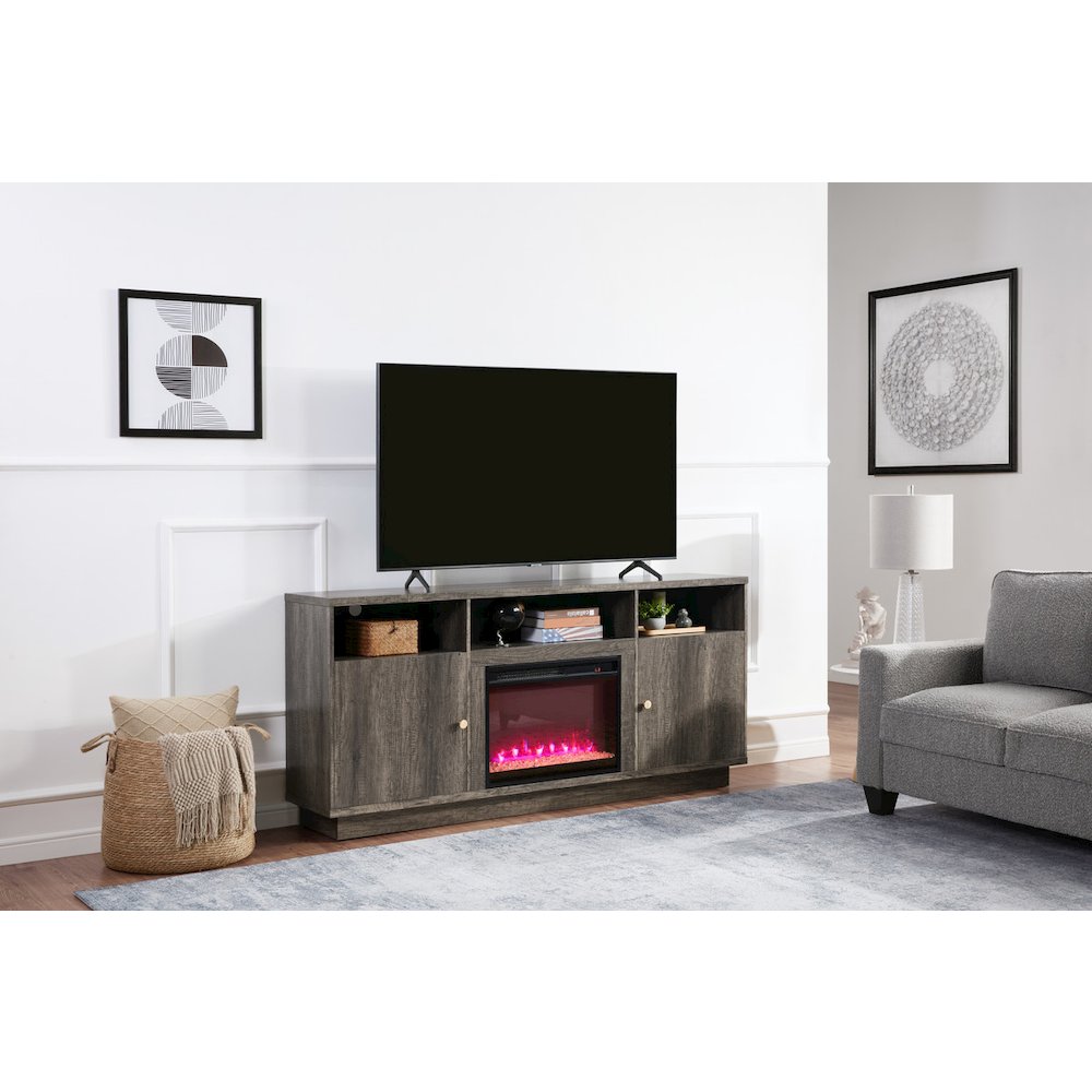 Ambrose 70″W Gray Walnut Finish Fireplace TV Stand Console with Heater