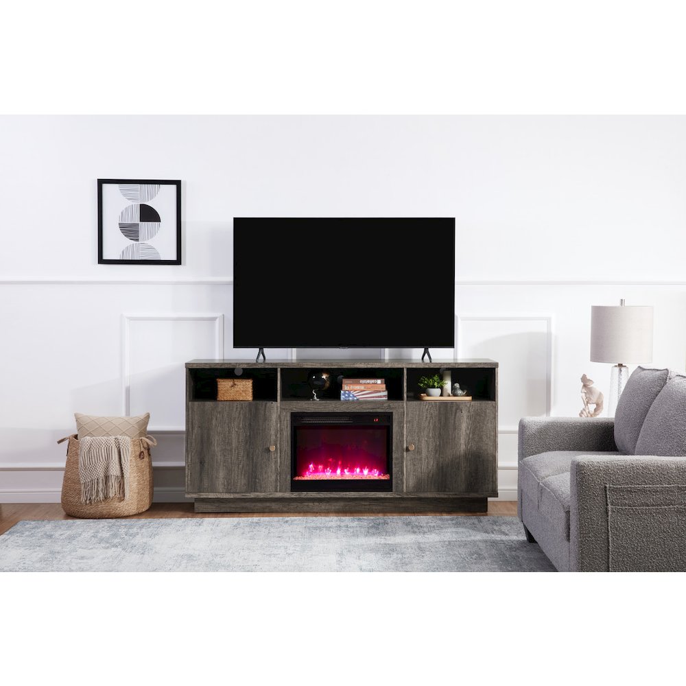 Ambrose 70″W Gray Walnut Finish Fireplace TV Stand Console with Heater