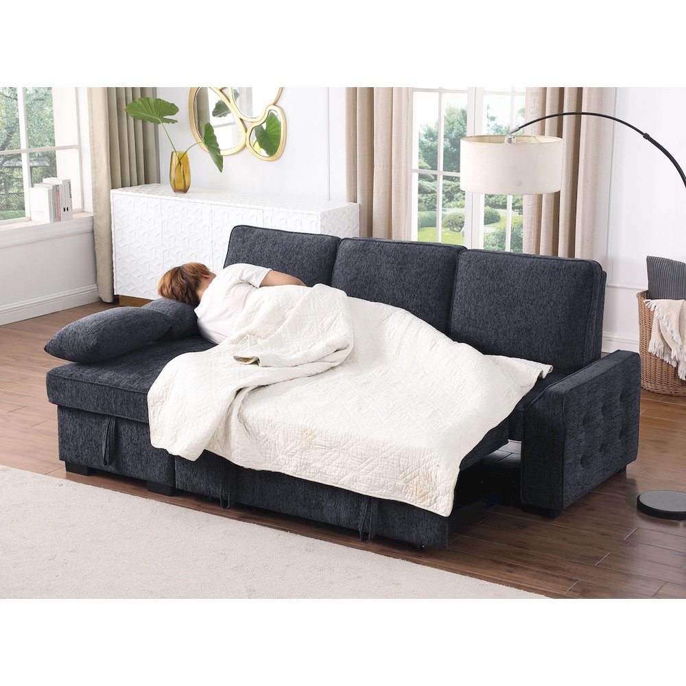91″W Charcoal Chenille Fabric Reversible Sleeper Sectional with Storage Chaise