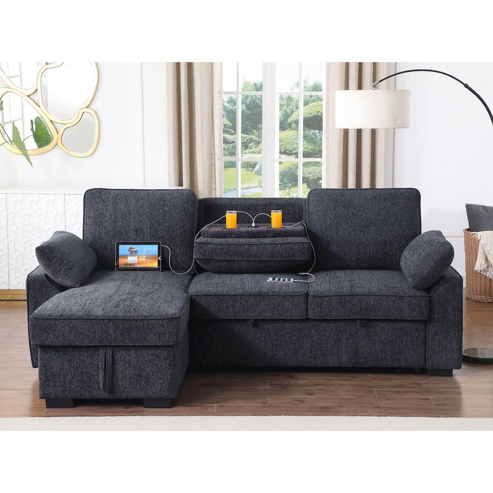 91″W Charcoal Chenille Fabric Reversible Sleeper Sectional with Storage Chaise