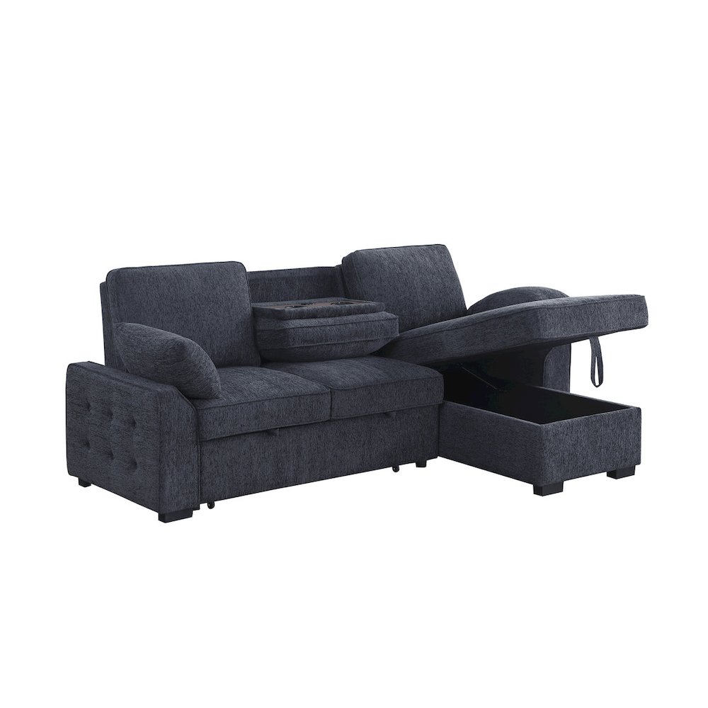 91″W Charcoal Chenille Fabric Reversible Sleeper Sectional with Storage Chaise