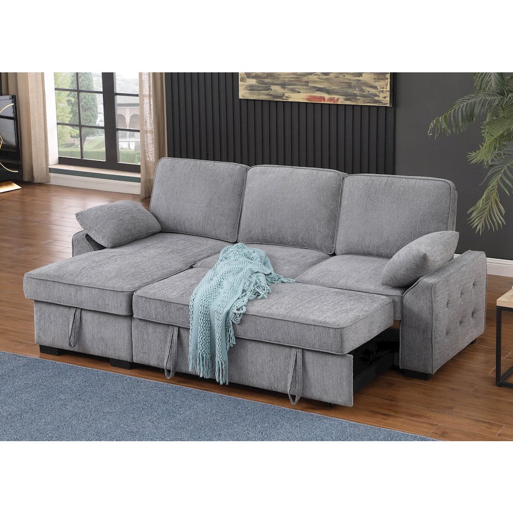 91″W Light Gray Chenille Fabric Reversible Sleeper Sectional with Storage Chaise