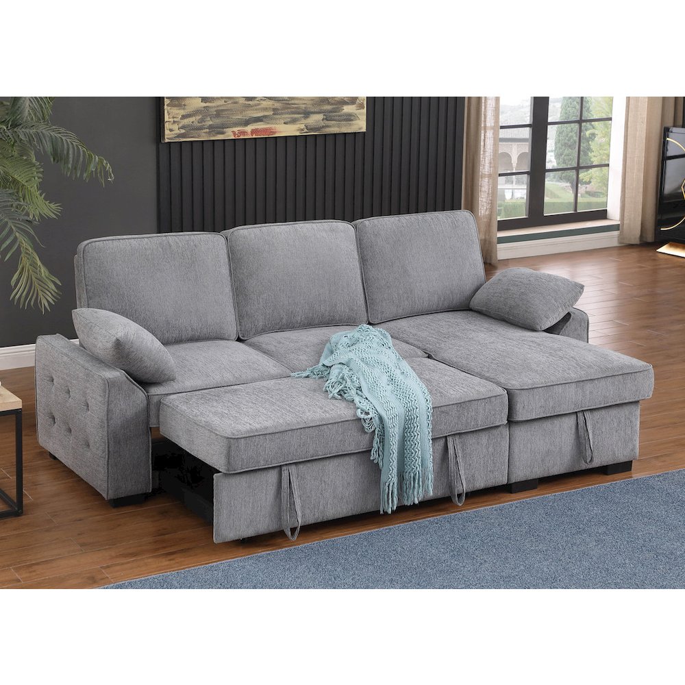91″W Light Gray Chenille Fabric Reversible Sleeper Sectional with Storage Chaise