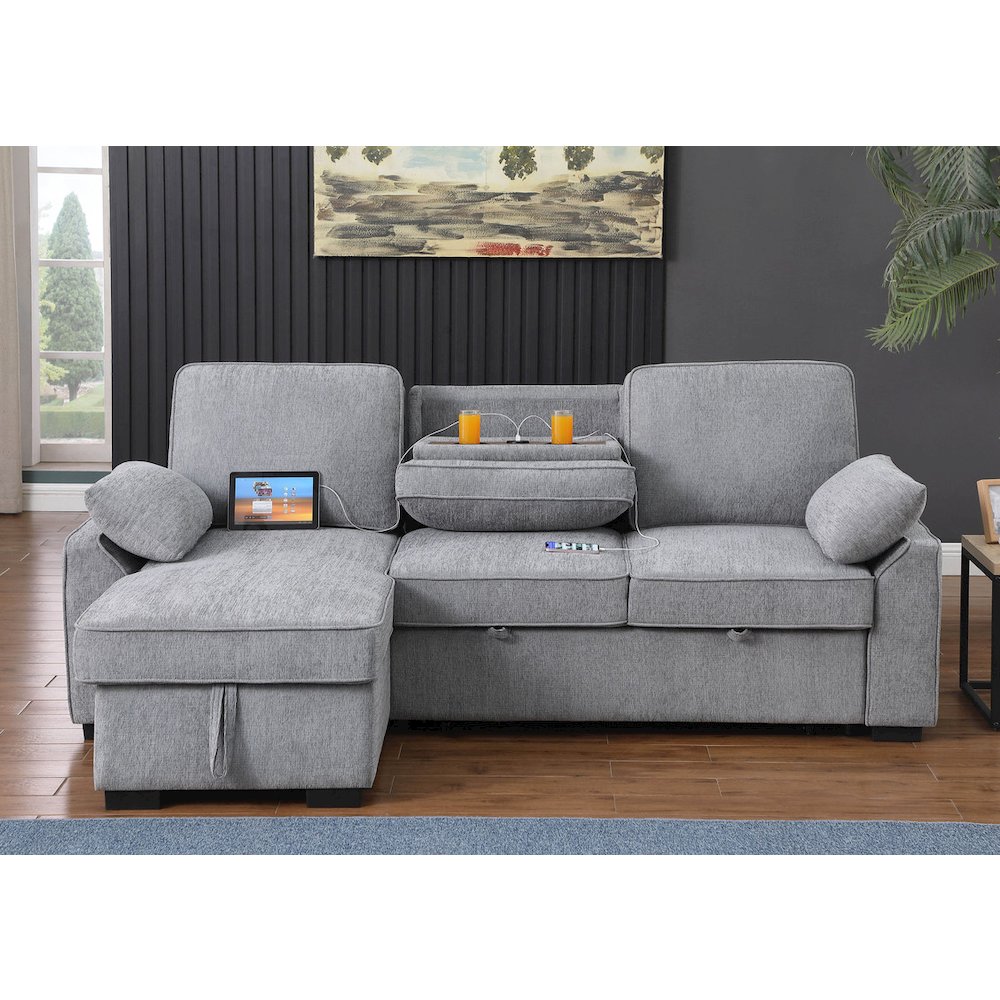 91″W Light Gray Chenille Fabric Reversible Sleeper Sectional with Storage Chaise