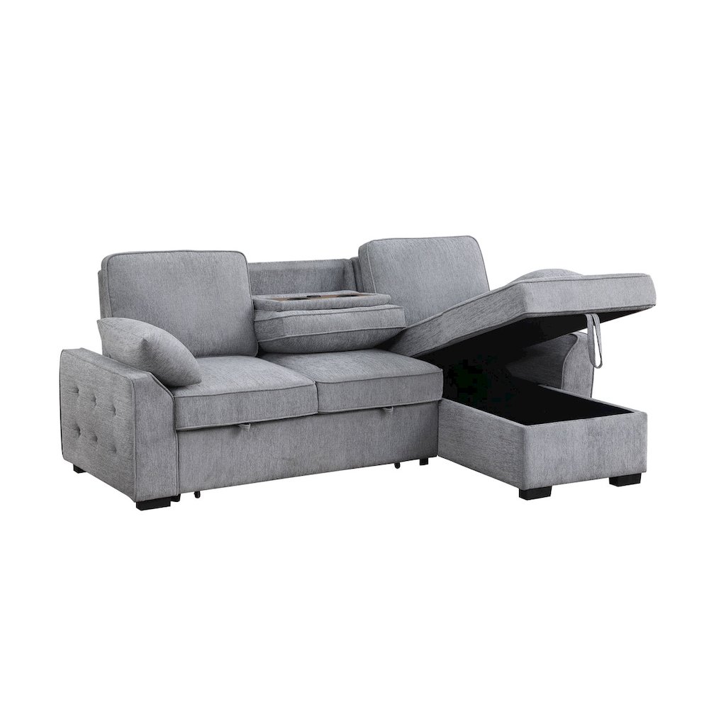 91″W Light Gray Chenille Fabric Reversible Sleeper Sectional with Storage Chaise