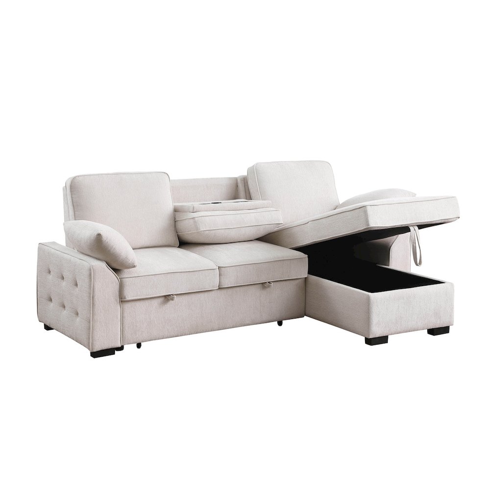 91″W Beige Chenille Fabric Reversible Sleeper Sectional with Storage Chaise