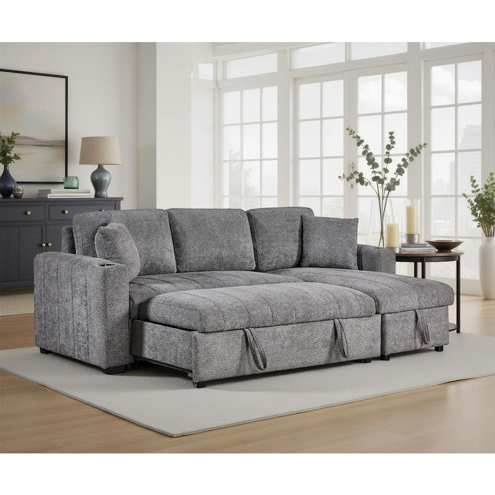 96″ Gray Boucle Fabric Reversible Sleeper Sectional Sofa with Storage Chaise