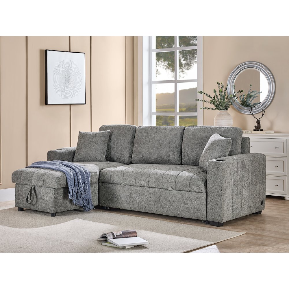 96″ Gray Boucle Fabric Reversible Sleeper Sectional Sofa with Storage Chaise