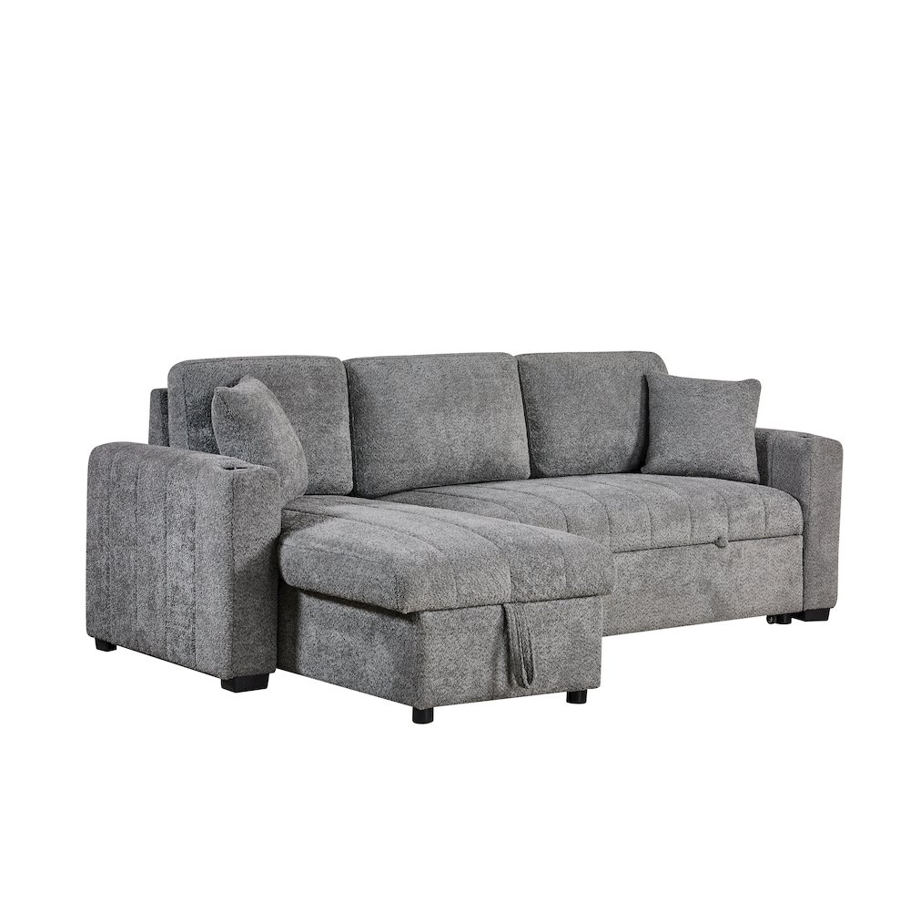 96″ Gray Boucle Fabric Reversible Sleeper Sectional Sofa with Storage Chaise