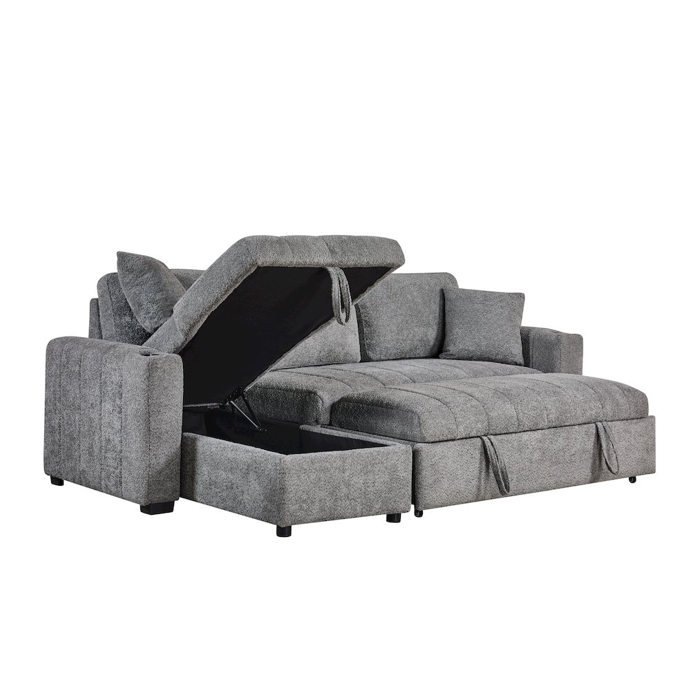 96″ Gray Boucle Fabric Reversible Sleeper Sectional Sofa with Storage Chaise