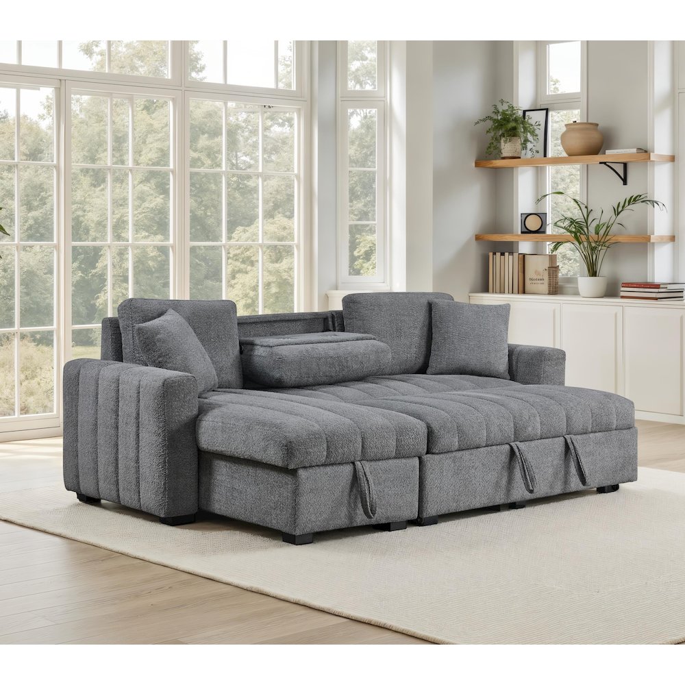 96″ Gray Boucle Fabric Reversible Sleeper Sectional Sofa with Storage Chaise