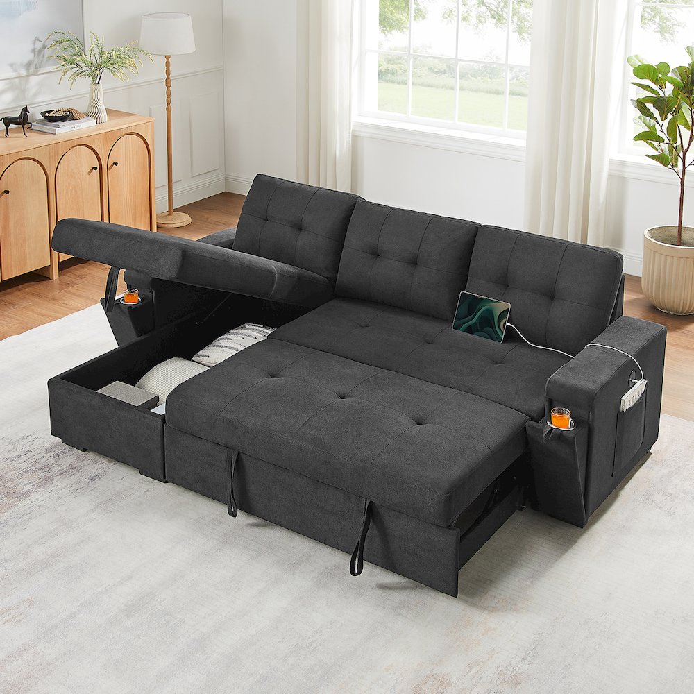 95″W Black Woven Fabric Reversible Sleeper Sectional Sofa with Storage Chaise