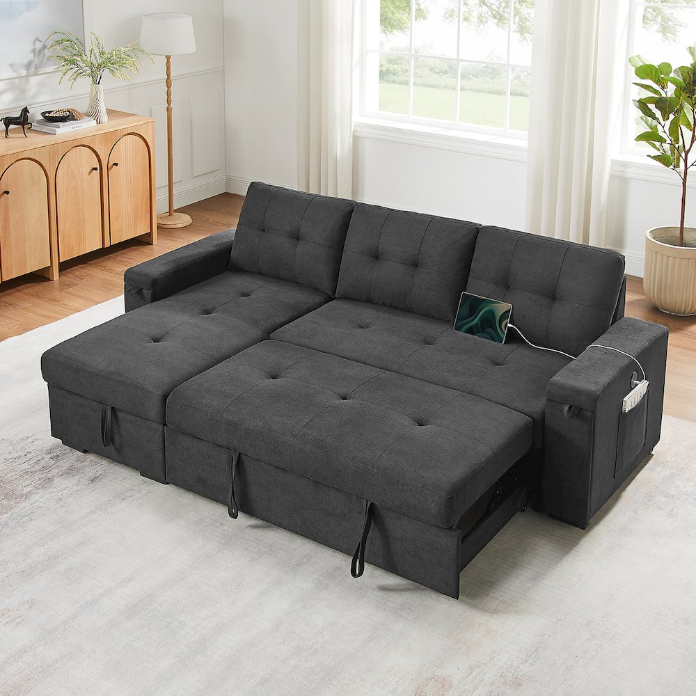 95″W Black Woven Fabric Reversible Sleeper Sectional Sofa with Storage Chaise