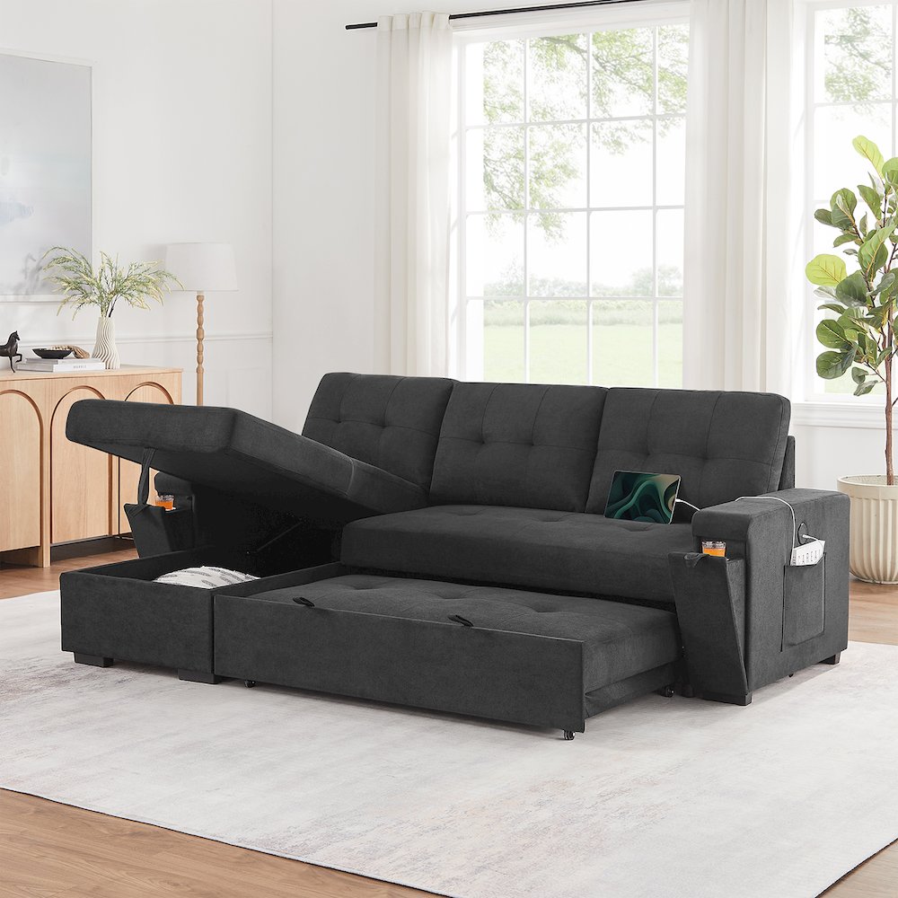 95″W Black Woven Fabric Reversible Sleeper Sectional Sofa with Storage Chaise