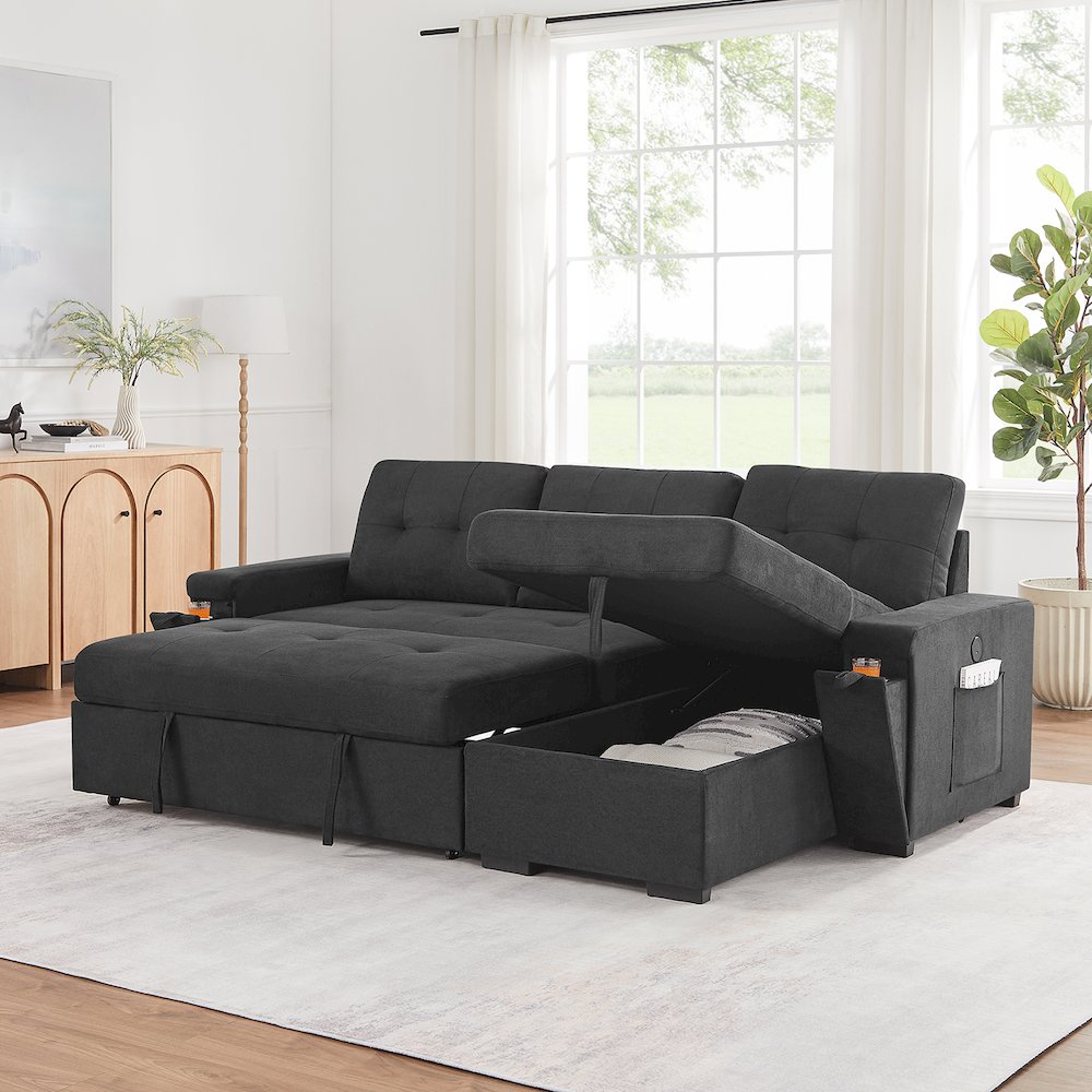 95″W Black Woven Fabric Reversible Sleeper Sectional Sofa with Storage Chaise