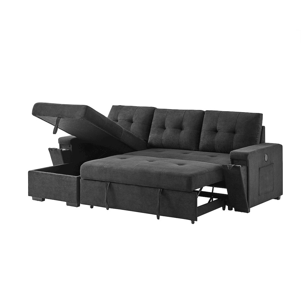 95″W Black Woven Fabric Reversible Sleeper Sectional Sofa with Storage Chaise