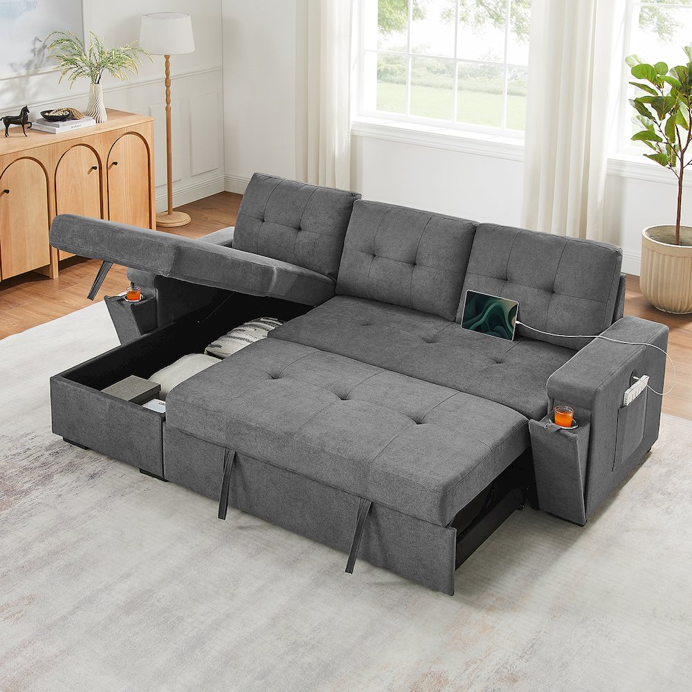 95″W Gray Woven Fabric Reversible Sleeper Sectional Sofa with Storage Chaise