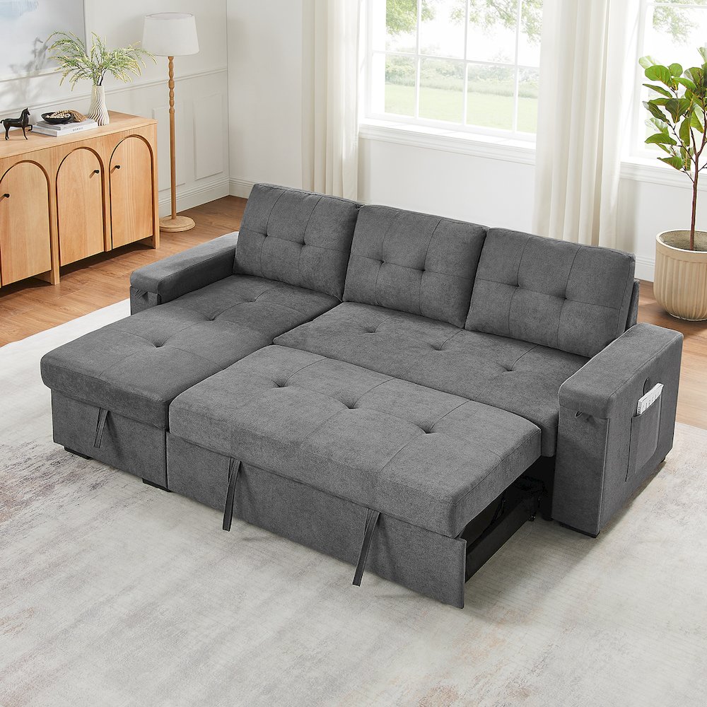 95″W Gray Woven Fabric Reversible Sleeper Sectional Sofa with Storage Chaise