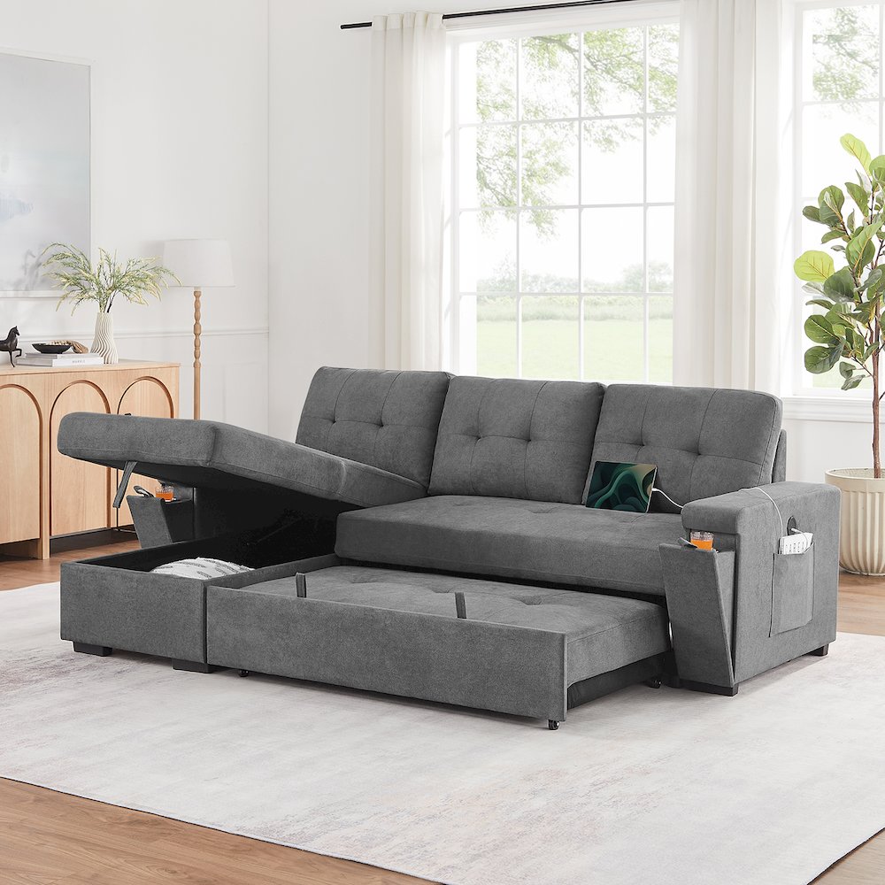 95″W Gray Woven Fabric Reversible Sleeper Sectional Sofa with Storage Chaise