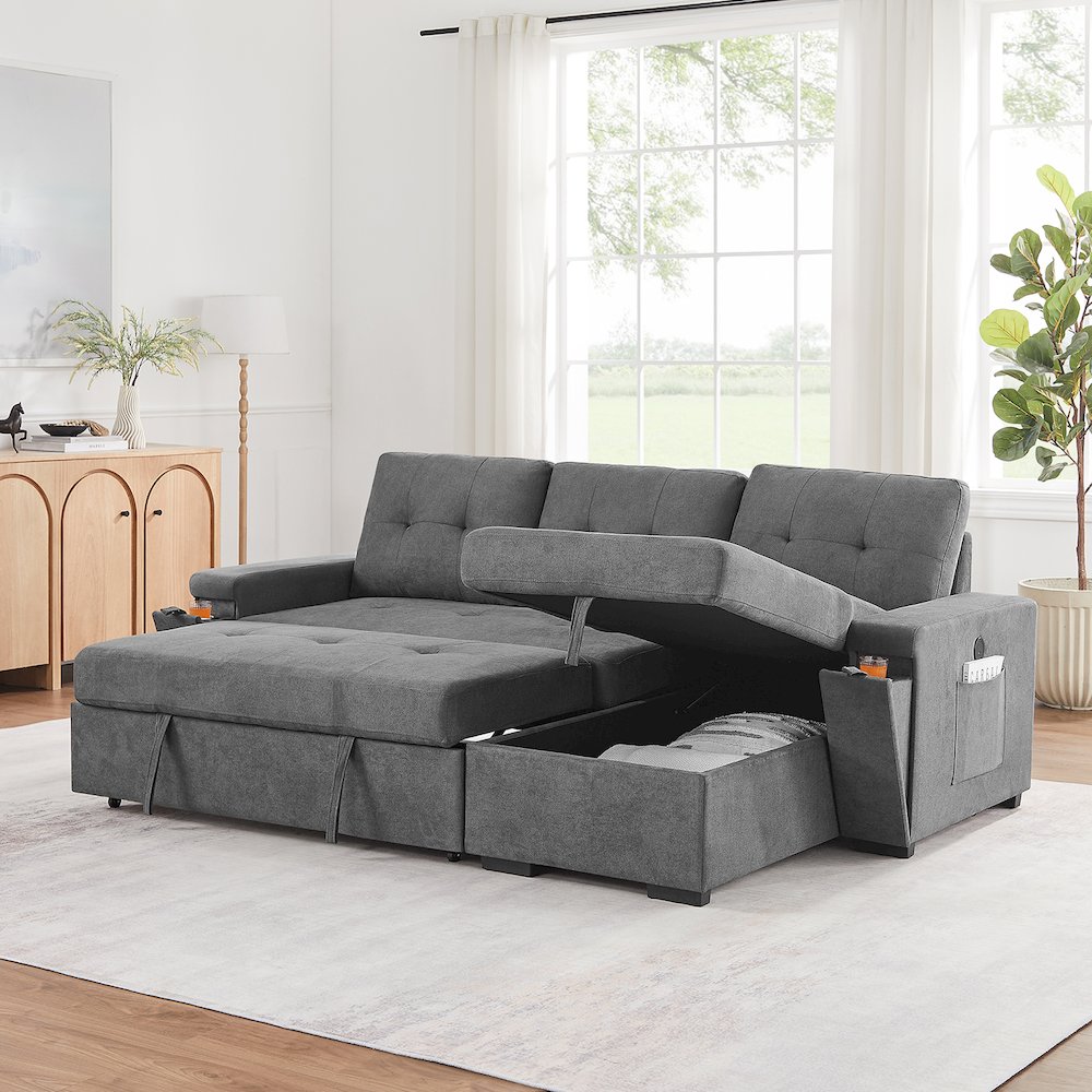95″W Gray Woven Fabric Reversible Sleeper Sectional Sofa with Storage Chaise