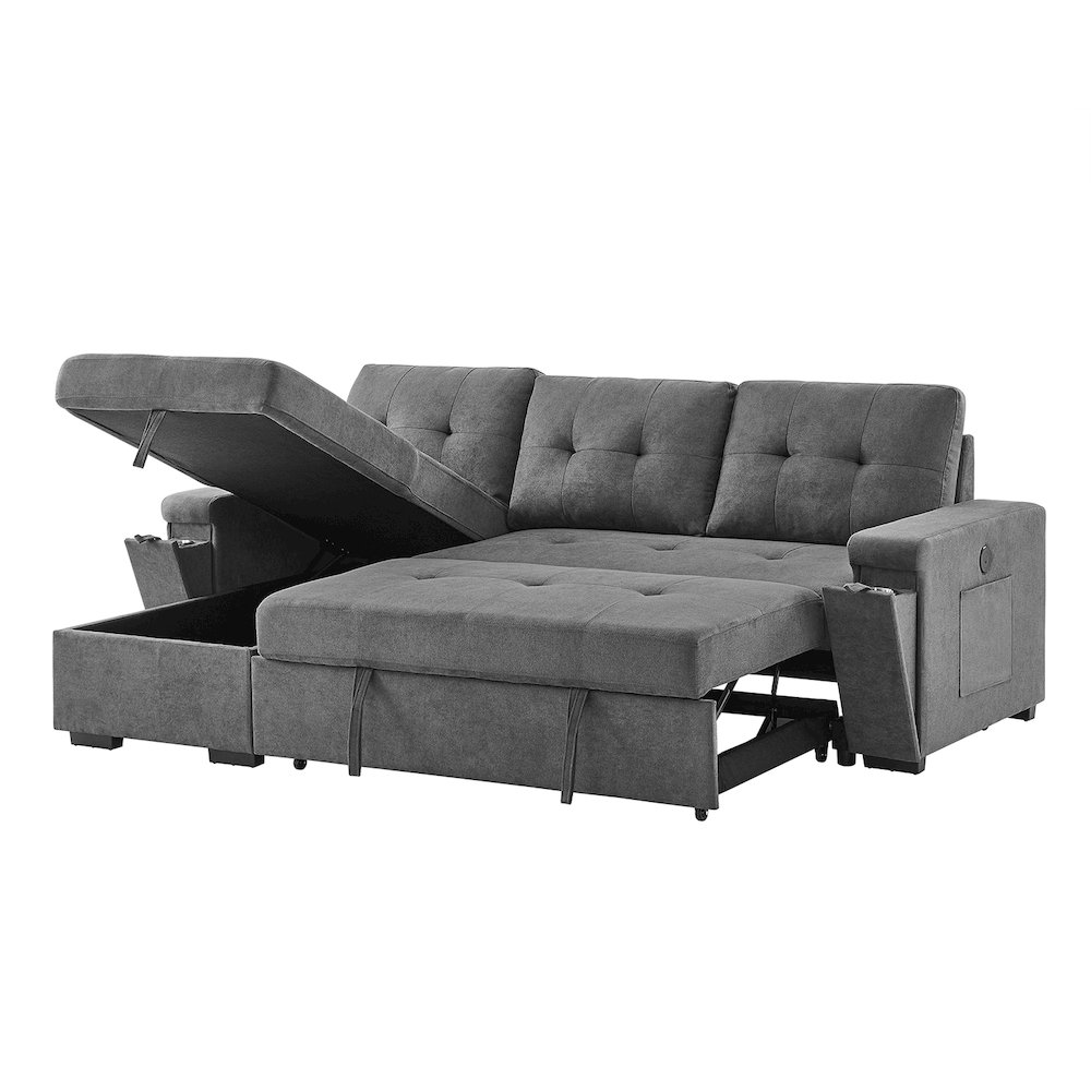 95″W Gray Woven Fabric Reversible Sleeper Sectional Sofa with Storage Chaise