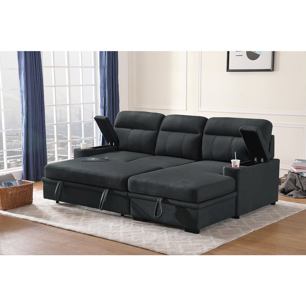 93″ Black Fabric Sleeper Sectional Sofa Chaise with Storage Arms and Cupholder